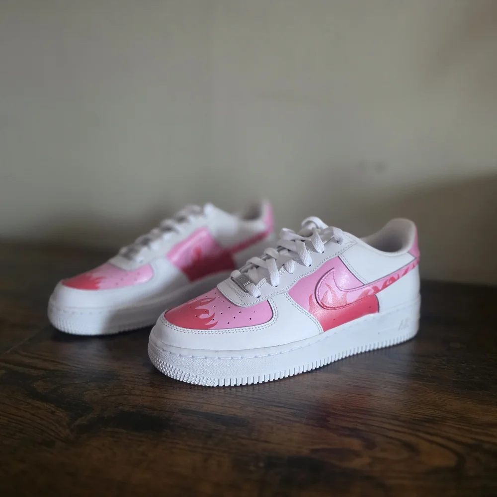 Custom Hand-Painted Nike Air Force 1 | Pink Flames | Size 8 - Picture 1 of 10